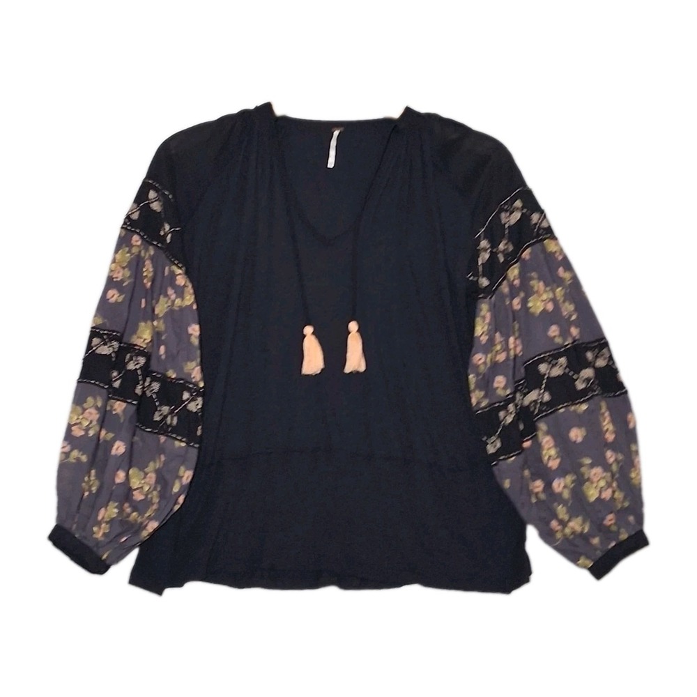 Free People Mix it Up Tunic Black Women's Blouse Size XS / TP Balloon Sleeves